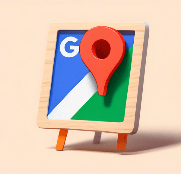 A friendly looking Google Maps pin character struggling to fit its square photo into a Google Business profile picture frame.