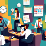 Create an image depicting a busy office environment with frustrated employees, their computer screens displaying a Google Calendar Outage error message. Some of them are looking confused while others