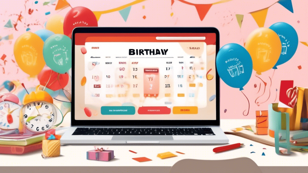 Create an image showing a laptop screen displaying the Birthday Alarm website. In the foreground, there is a hand pointing at the Login button on the screen. Surrounding the laptop, various birthday-t