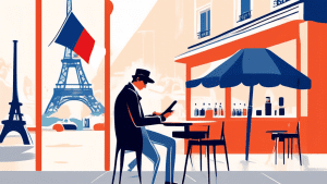 Create an illustration showing a person in a stylish Parisian cafe, just outside a French telecom store, receiving a SIM card for their phone, with the Eiffel Tower in the background and a French flag