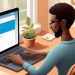 A detailed and user-friendly illustration showing a person using a laptop and a smartphone to log in to their AT&T Universal Credit Card account on both devices. The background should feature a cozy h