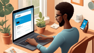 A detailed and user-friendly illustration showing a person using a laptop and a smartphone to log in to their AT&T Universal Credit Card account on both devices. The background should feature a cozy h