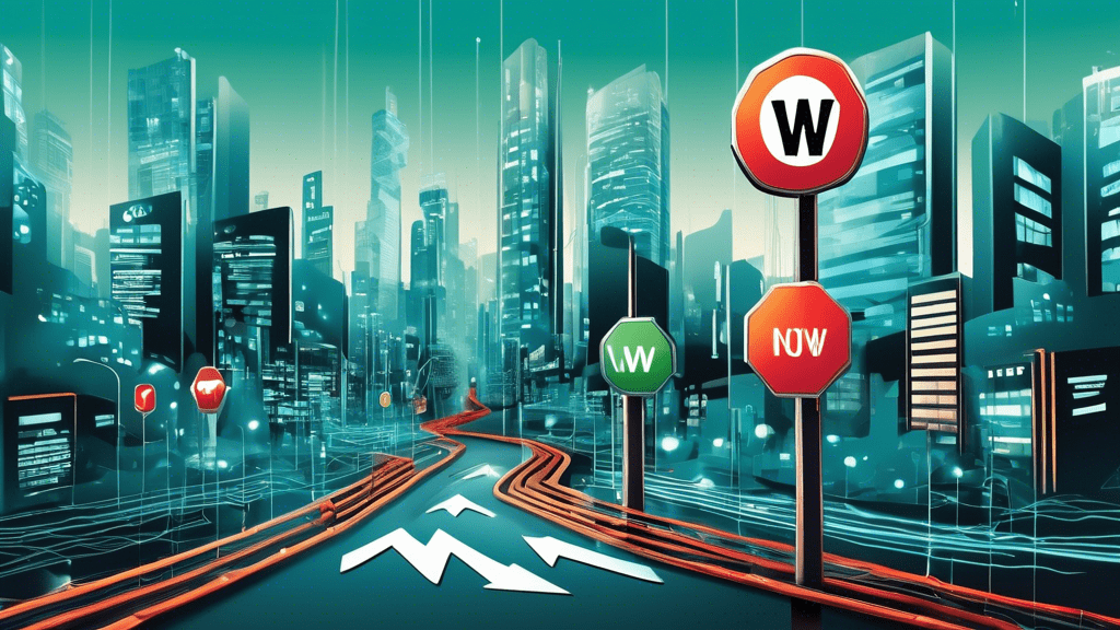 Create an illustration of a sophisticated, digital-themed pathway where the 'WWW' road sign seamlessly transitions into a 'non-WWW' road sign, symbolizing the technical process of redirecting web traf