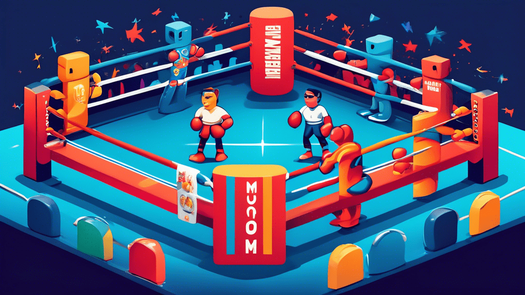 A boxing ring with brand mascots of marketing automation platforms circling each other.