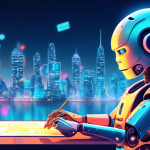 A robot signing a digital document with a glowing signature, floating above a city skyline filled with interconnected application icons.