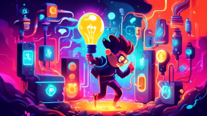 Create an image illustrating a whimsical and energizing scene of a character plugging into a glowing power socket labeled Power-Up. The background should resemble a high-tech landscape with elements o