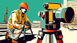 A surveyor looking through a theodolite at a construction site with a level on a tripod in the foreground.
