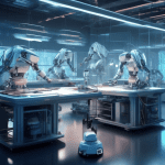 Create an image that depicts a futuristic robotics laboratory where advanced robots are being programmed and controlled by an AI language model. The scene should show scientists and engineers interact