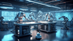 Create an image that depicts a futuristic robotics laboratory where advanced robots are being programmed and controlled by an AI language model. The scene should show scientists and engineers interact
