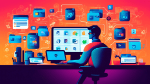 Create an illustration depicting a person at a desk managing multiple PayPal accounts on a computer screen. Surround the person with icons and symbols representing organization, security, and financia