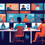 Create an illustration showing a person trying to manage multiple Zoom meetings simultaneously. The individual is depicted sitting at a desk surrounded by multiple screens, each displaying a different