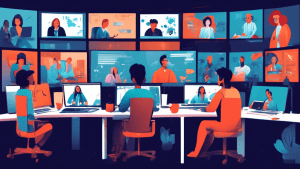 Create an illustration showing a person trying to manage multiple Zoom meetings simultaneously. The individual is depicted sitting at a desk surrounded by multiple screens, each displaying a different