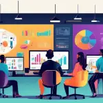 Create an image depicting a modern office environment where a diverse group of professionals are engaged in analyzing data and brainstorming. Include elements such as large digital screens displaying