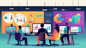 Create an image depicting a modern office environment where a diverse group of professionals are engaged in analyzing data and brainstorming. Include elements such as large digital screens displaying