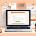 Create an image showcasing a laptop on a sleek, modern desk with the SiteGround logo on the screen, surrounded by icons of emails and tools. The background includes a bulletin board with pinned notes
