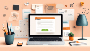 Create an image showcasing a laptop on a sleek, modern desk with the SiteGround logo on the screen, surrounded by icons of emails and tools. The background includes a bulletin board with pinned notes