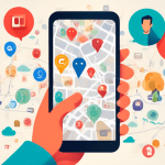 A hand holding a smartphone with a Google Business Profile post overlayed on a map, surrounded by icons representing likes, comments, shares, and location pins.