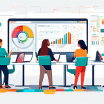 Create a highly detailed and vibrant illustration of a professional, modern office setting where a group of diverse individuals are collaborating around a large, interactive screen or digital whiteboa