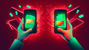 Two hands reaching out from separate phone screens, each holding a credit card towards a glowing PayPal logo in the center. One hand is green, representing allowed, and one hand is red, representing