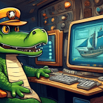 A friendly cartoon alligator wearing a captain's hat and using a computer mouse to navigate a complex control panel shaped like a ship's wheel, with icons of website tools and settings.