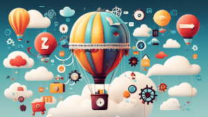 A whimsical hot air balloon shaped like a chat bubble floating through a cloudy sky filled with floating icons of gears, maps, and envelopes, with a banner across the balloon reading Twilio Console.