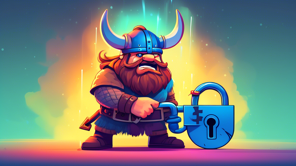 A frustrated cartoon viking trying to plug a giant, glowing key into a tiny padlock with a NordVPN flag hanging off of it.