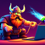 A frustrated cartoon viking trying to plug a giant, glowing ethernet cable into a laptop that's displaying a Verification Failed error message.