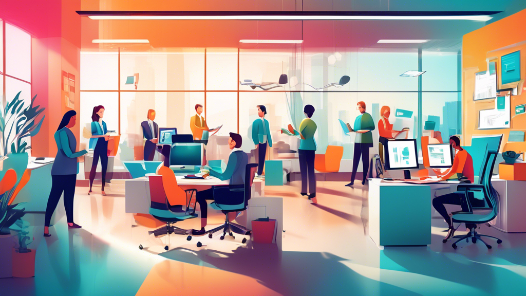 Create an image of a modern office environment where diverse employees are collaborating seamlessly. Illustrate advanced technology and tools like AI assistants, data analytics dashboards, and automat