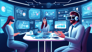 Create an image that showcases the concept of Optimizing Digital Customer Interactions. Imagine a futuristic scene in which a high-tech control room is filled with advanced technology such as holograp