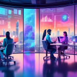 Create an image of a futuristic marketing team using advanced split testing automation software. The scene shows diverse team members analyzing data on sleek, holographic screens, with algorithms runn