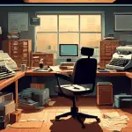 Create an image of an old, dusty office with vintage messaging systems like typewriters, rotary phones, and fax machines. In the background, showcase glimmering modern communication tools like sleek s