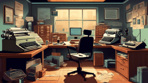 Create an image of an old, dusty office with vintage messaging systems like typewriters, rotary phones, and fax machines. In the background, showcase glimmering modern communication tools like sleek s