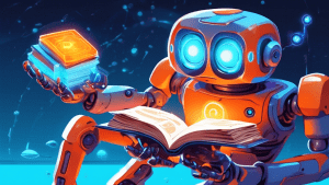 A friendly robot holding a portal gun with a guide book titled Portal Game Guide floating in front of a glowing orange and blue portal.