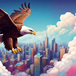 A majestic eagle soaring above fluffy clouds with a city skyline far below.