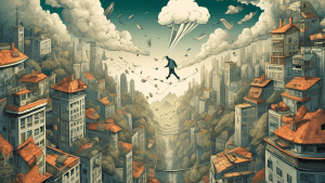 Create an imaginative illustration of a person ascending through various 'high' environments: starting from a bustling city rooftop, followed by a forest canopy, and finally reaching the clouds where