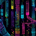 A robotic hand meticulously rearranging glowing, colorful columns of data in a dark space.