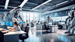 Create an image showing a bustling corporate office where advanced robotic arms, AI-powered computers, and automated workflows are seamlessly working alongside human employees. Show a diverse group of