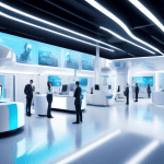 Create an image of a modern customer service center with sleek, futuristic aesthetics. Show advanced AI-powered robots engaging with customers, utilizing holographic screens and voice recognition tech