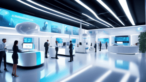 Create an image of a modern customer service center with sleek, futuristic aesthetics. Show advanced AI-powered robots engaging with customers, utilizing holographic screens and voice recognition tech