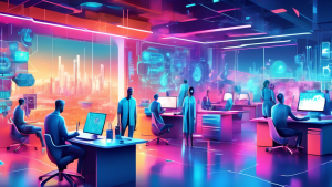 Create a dynamic digital illustration showcasing futuristic workplace scenes with vibrant colors. Depict advanced automation tools at work: robots collaborating with humans, AI-driven data analytics,