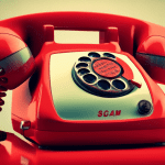 A retro rotary phone with red Scam Likely text displayed on a vintage TV screen reflected in the phone's surface.