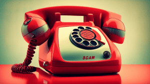 A retro rotary phone with red Scam Likely text displayed on a vintage TV screen reflected in the phone's surface.