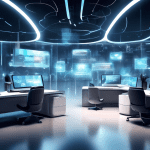 Create an image of a futuristic office space where various high-tech devices seamlessly connect and interact, forming a cohesive and efficient ecosystem. Include elements like smart home devices, comp