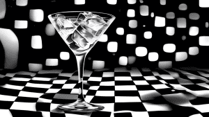 A martini, half shaken with ice splashing, half stirred with a glowing ice cube, against a sophisticated black and white patterned background.