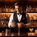 Create an image showcasing a sophisticated bar scene with a bartender in the center, holding a cocktail shaker in one hand and a stirring spoon in the other. On a polished bar counter, display two ele