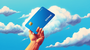 A hand reaching out to press a giant credit card with the Stripe logo on it, floating in the clouds against a bright blue sky.