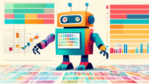 A friendly robot using a giant spreadsheet with colorful cells and graphs coming out of it
