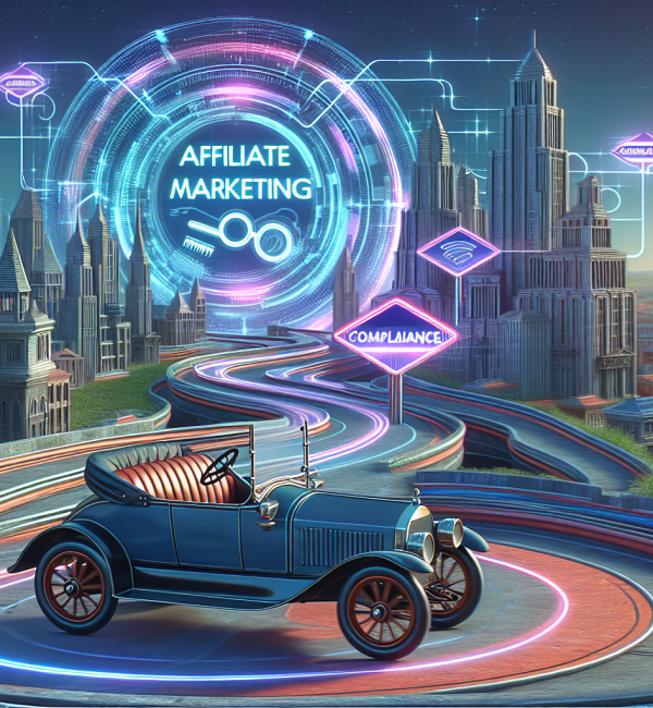 A vintage car driving on a winding road through a futuristic cityscape with holographic road signs that read Affiliate Marketing and Compliance.