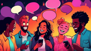 A diverse group of friends huddled closely, looking down and laughing at glowing speech bubbles emerging from their phones.