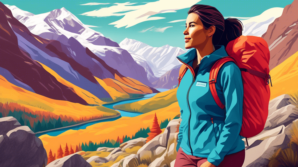 A stylish woman wearing a Columbia fleece vest while hiking in a beautiful mountain landscape
